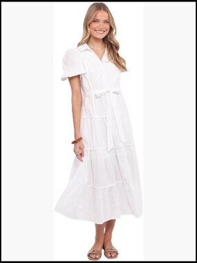 White Maxi Dress with Spread Collar and Front Buttons, Casual Wear